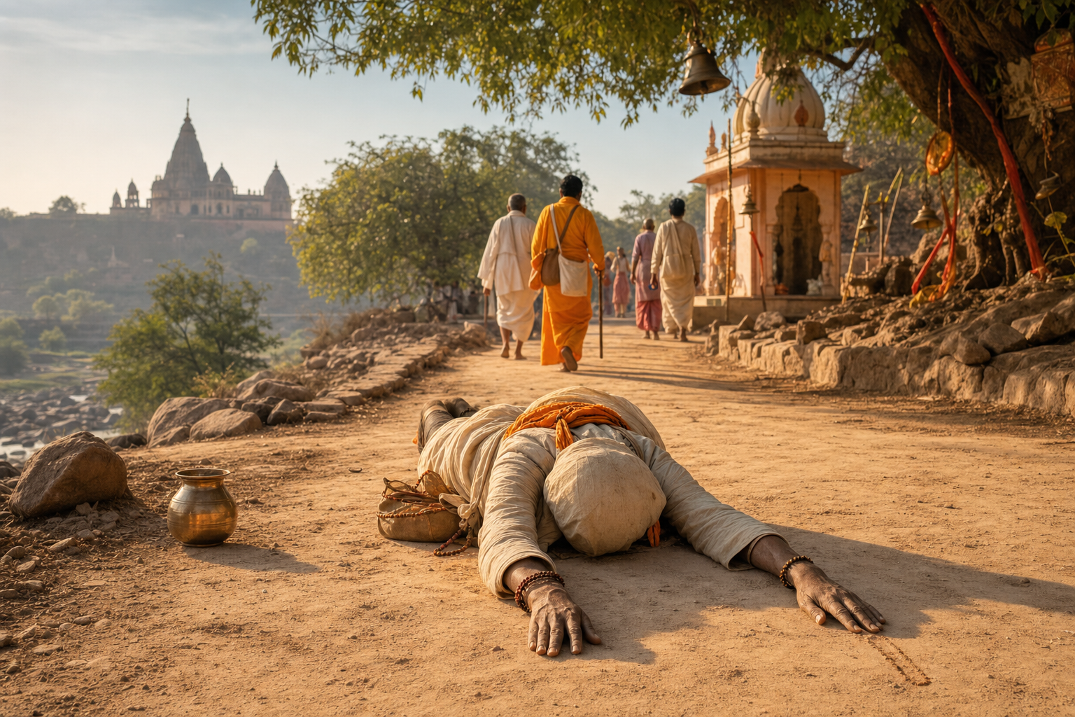 Hindu pilgrim prostrating on a dusty parikrama path near temple shrines at sunrise