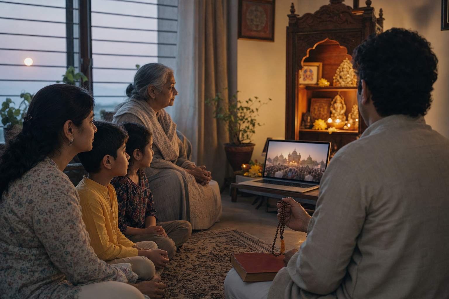 A family follows a temple gathering on a laptop while praying together beside a small household shrine.