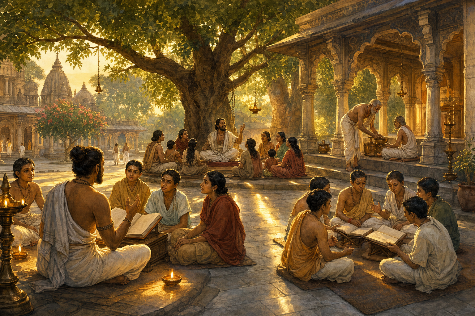 Four connected groups in a temple compound listen to scripture, sacred storytelling, personal instruction, and a study discussion.