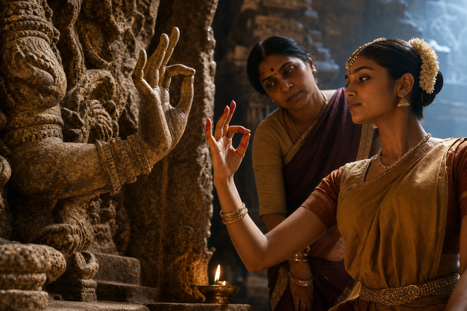 A dancer practises a hand gesture beside a weathered stone relief depicting a similar ritual form.