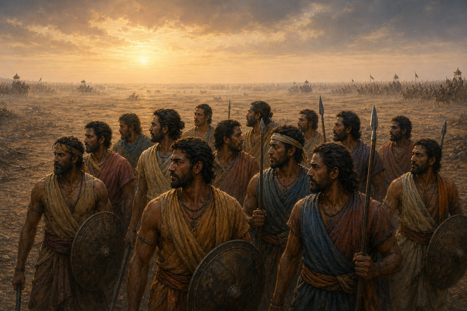 A group of anonymous foot soldiers with shields and spears stands together on the broad battlefield of Kurukshetra at sunrise.