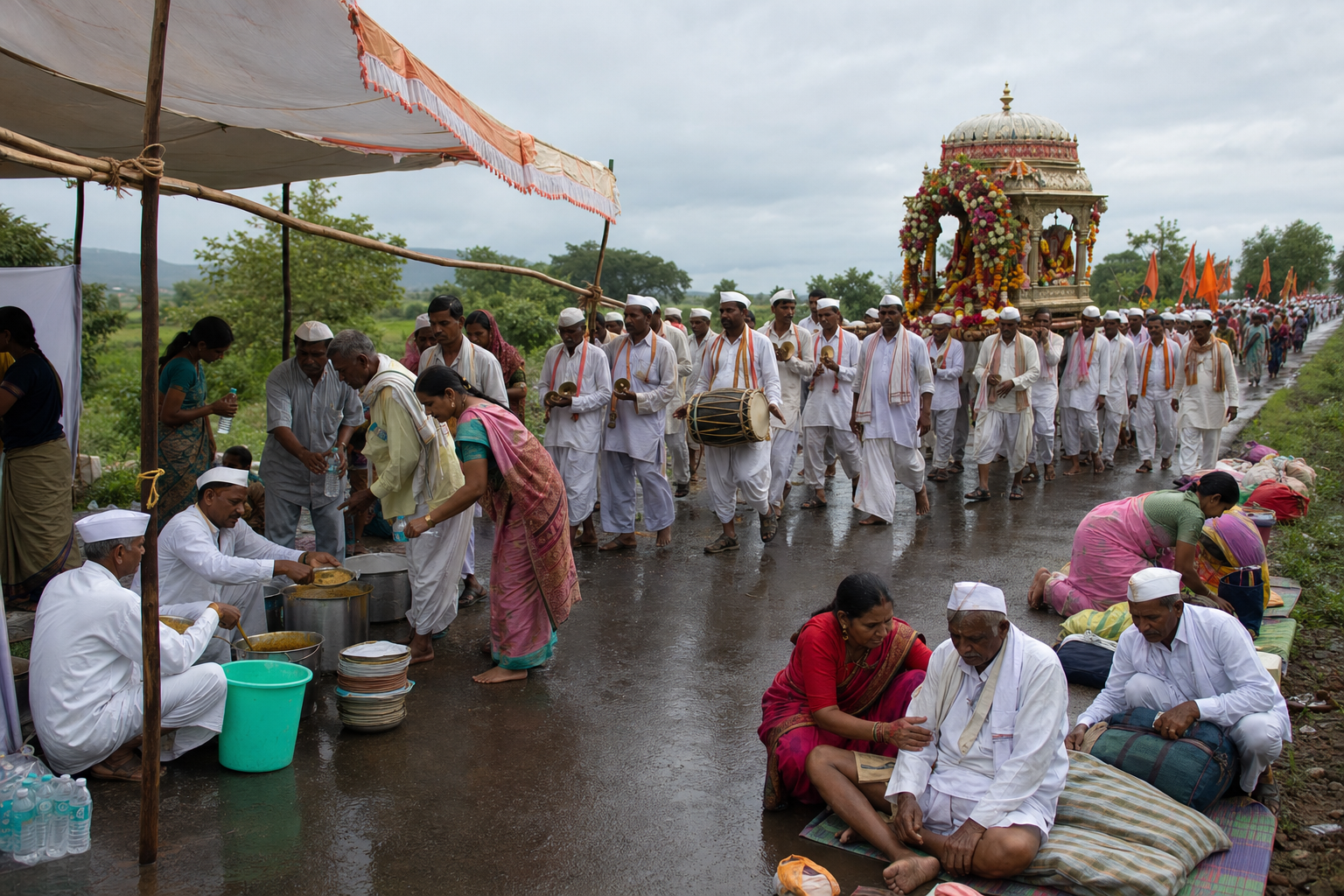 Varkari pilgrims and volunteers share food, water, music and care beside a flower-decorated palkhi on a rain-damp rural road.
