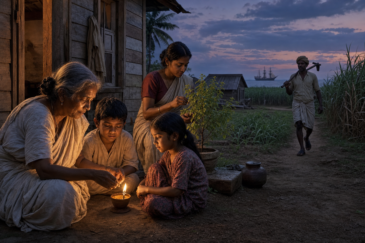 A multigenerational Girmitiya family lights a clay lamp beside a wooden island home, with sugarcane fields and a distant ship behind them.