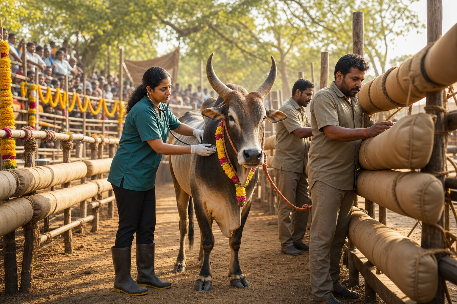 A veterinarian checks a bull while stewards inspect barriers at a supervised rural festival arena.