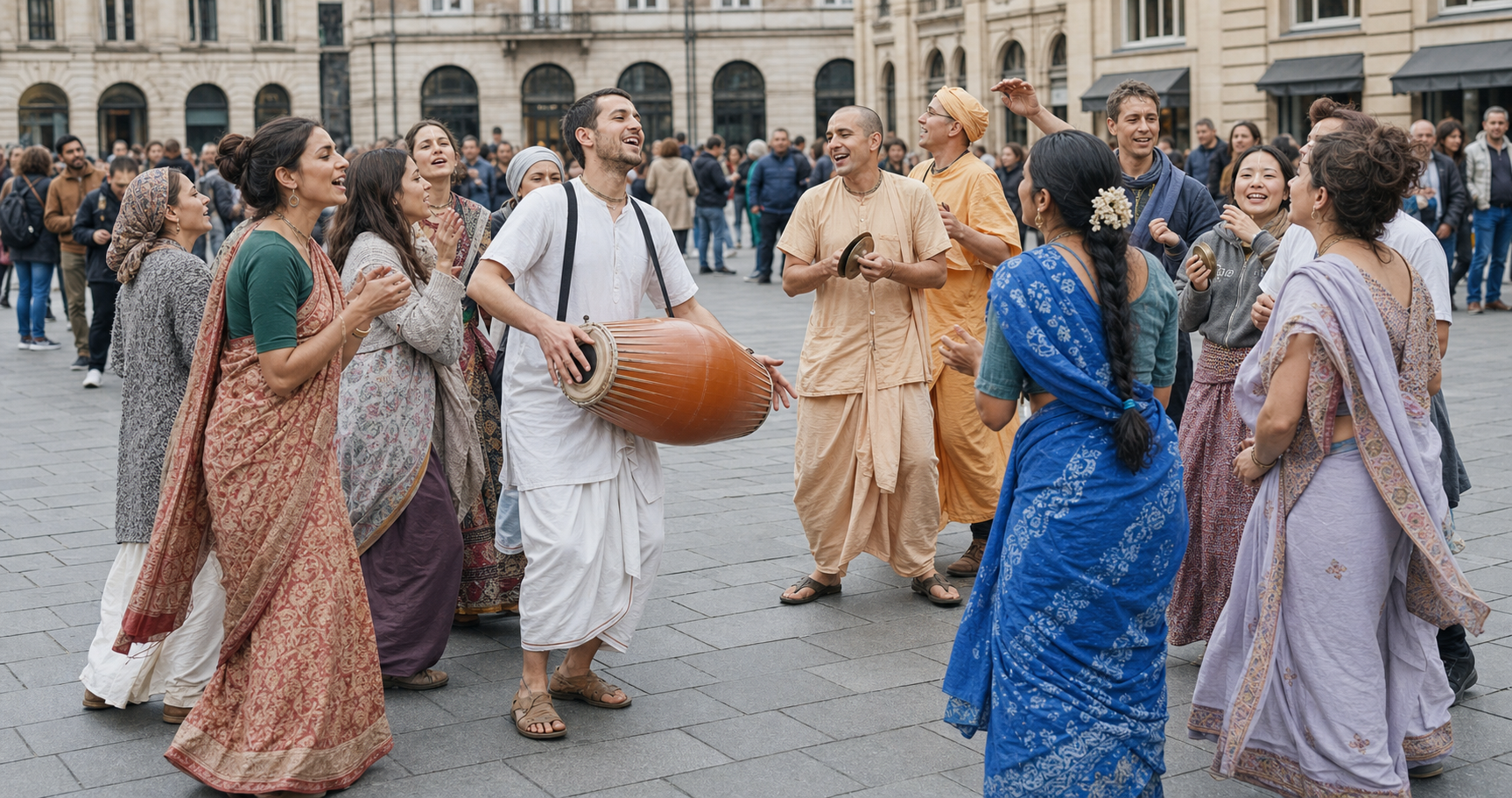 Devotees perform kirtan with a drum and hand cymbals as passersby gather in a European pedestrian square.