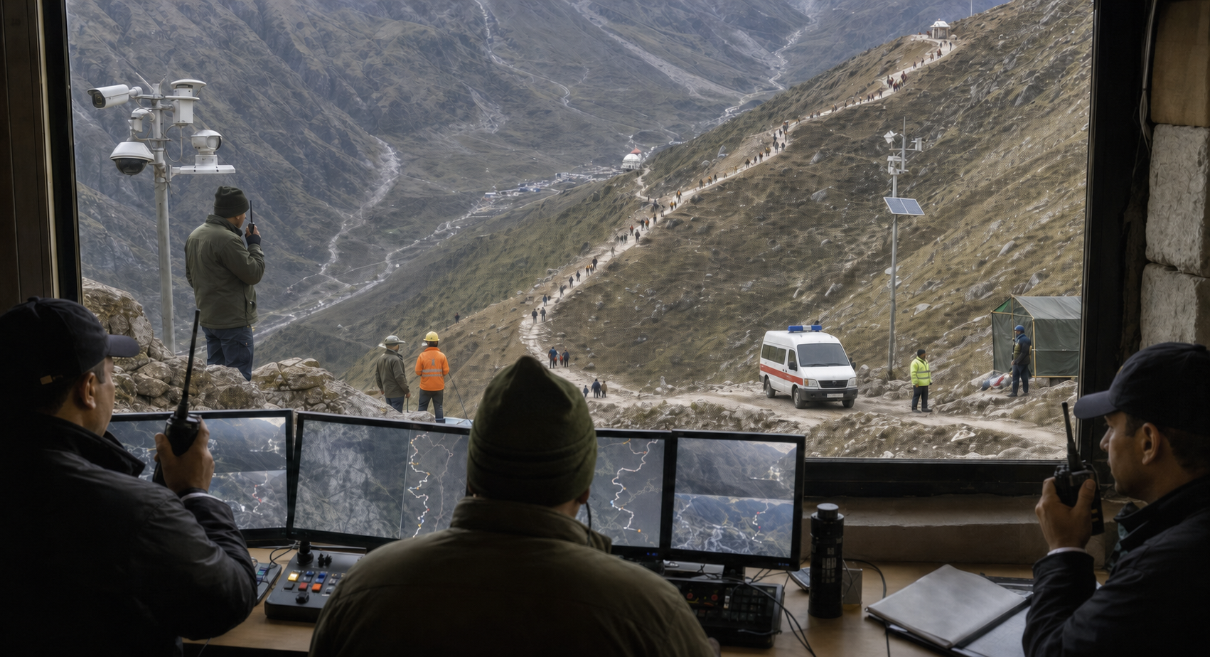 A mountain control room coordinates camera monitoring, radio communication, patrol teams, and emergency responders along a pilgrimage route.