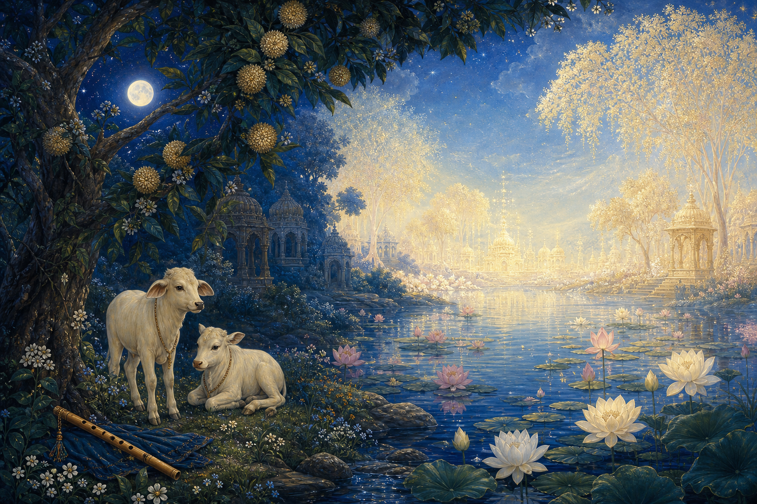 A moonlit pastoral grove with a flute, calves, and lotus pond opens into a radiant white-gold spiritual landscape in the distance.