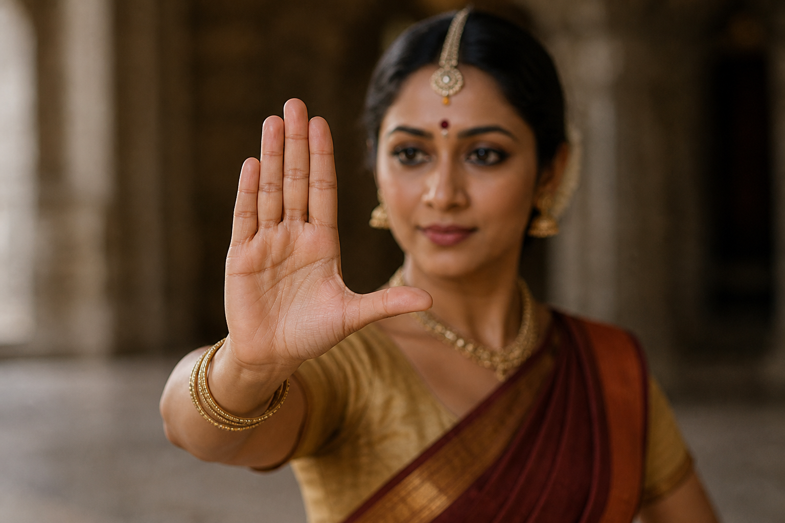 Close-up of a classical Indian dancer holding Ardha Chandra Mudra with four fingers together and the thumb extended.