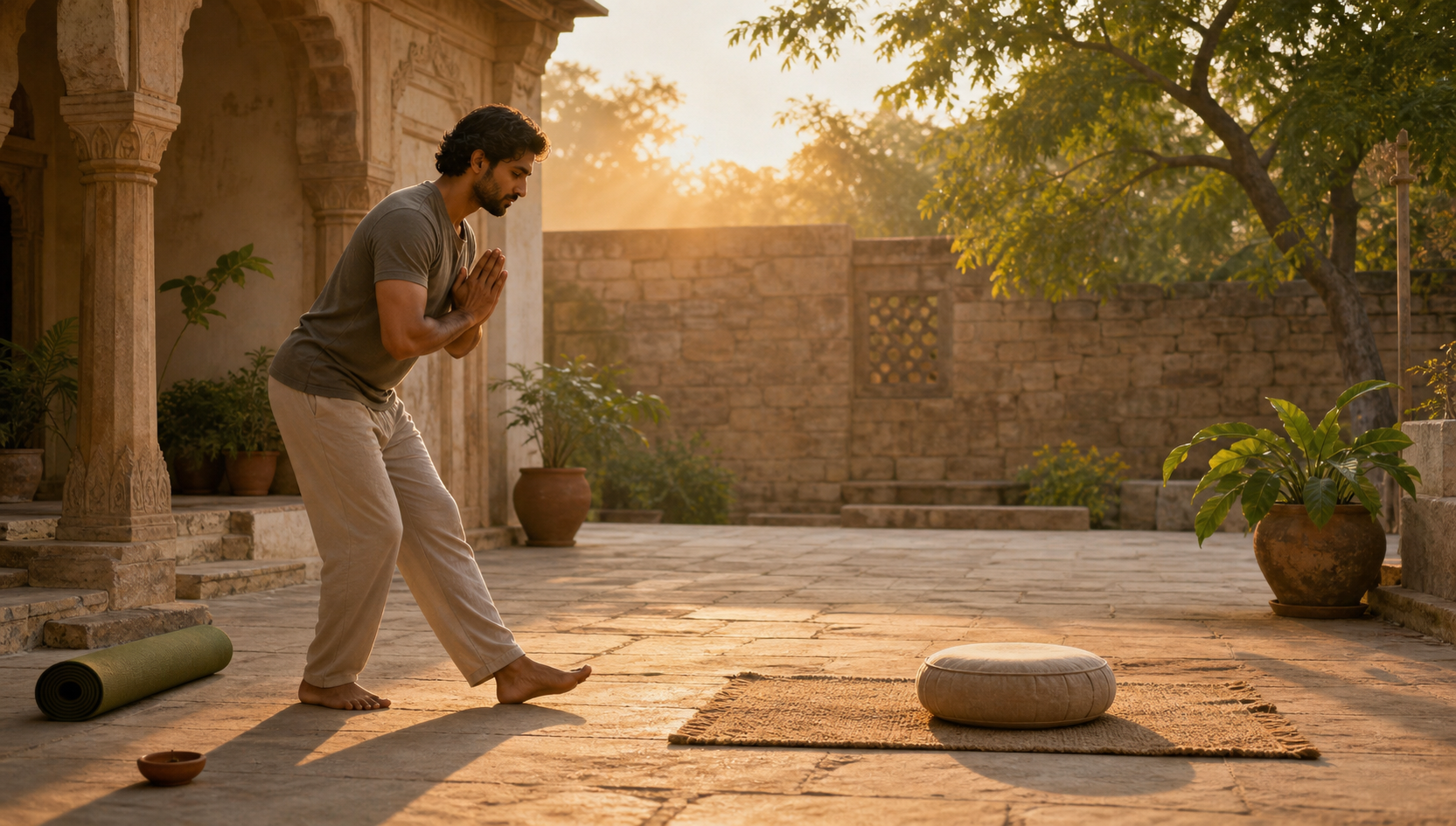 A yoga practitioner stands in a sunlit courtyard beside a mat and meditation cushion at sunrise.