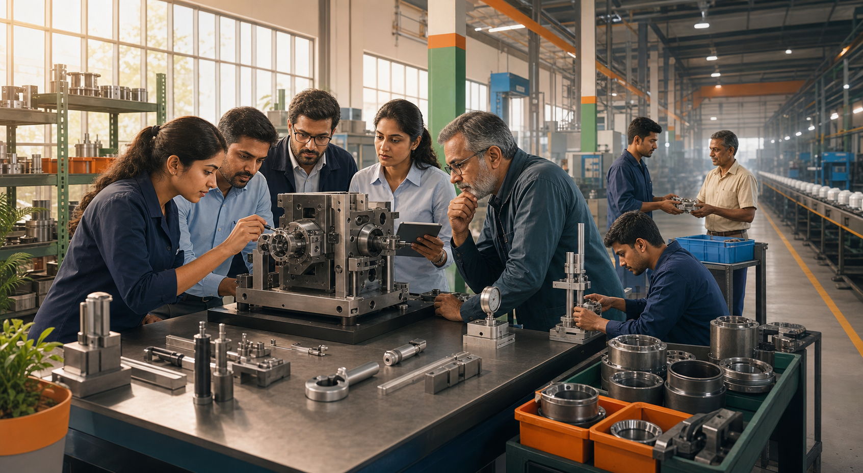 Indian engineers, trainers and suppliers inspect a precision machine while apprentices and component makers work nearby.
