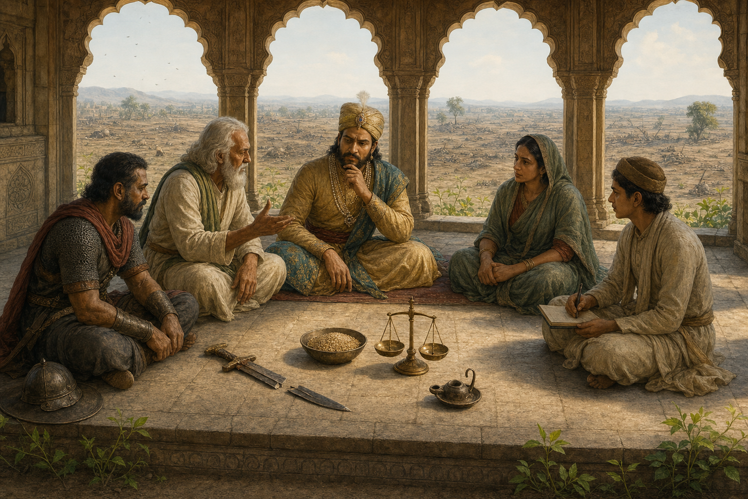 A ruler, adviser, veteran, village woman and scribe consider symbolic objects in a pavilion overlooking a battlefield.