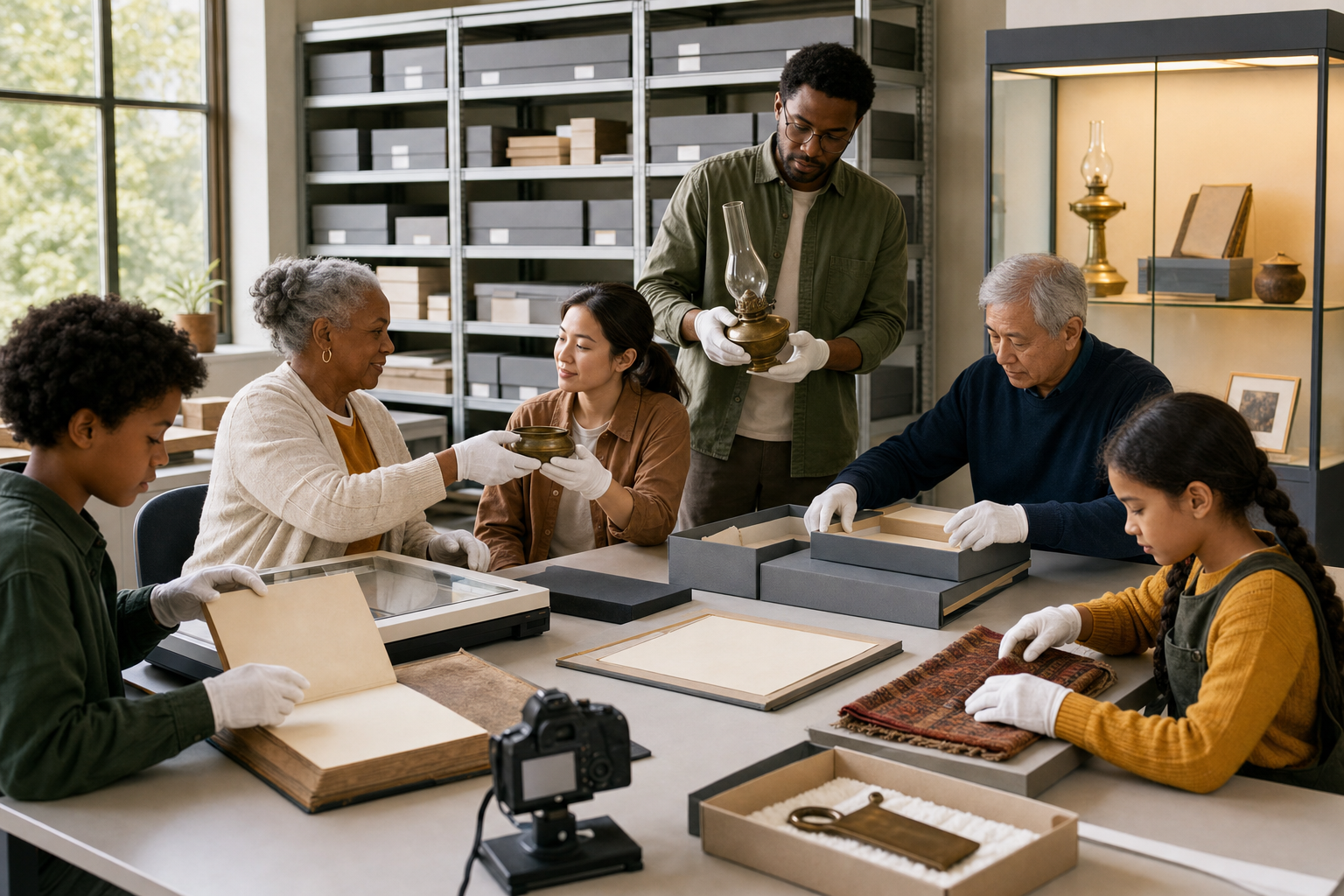 Several generations preserve documents, a brass lamp, and family textiles together in a modern community archive.