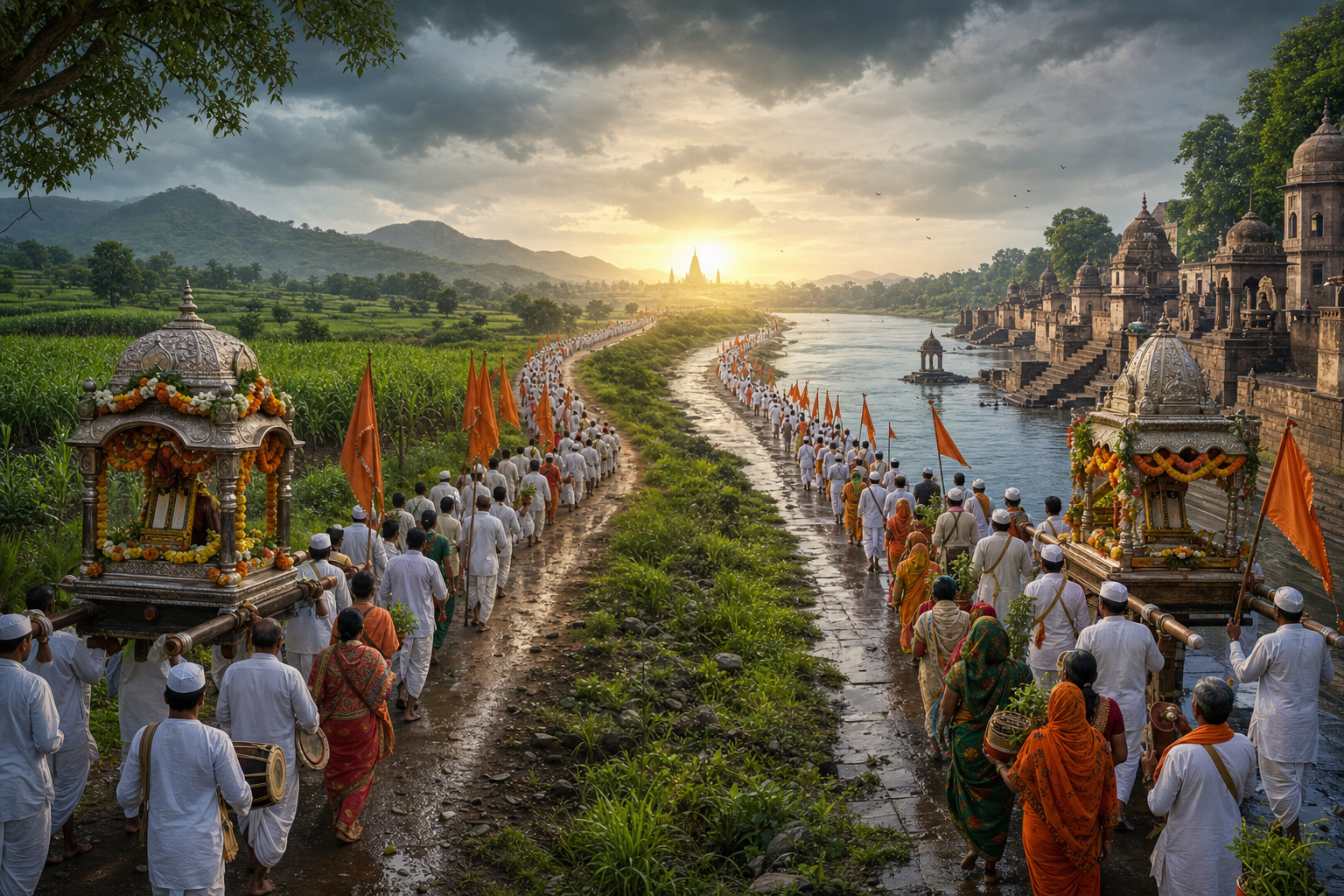 Two paduka palkhi processions depart from contrasting river and farming landscapes and follow curving roads toward a shared horizon.