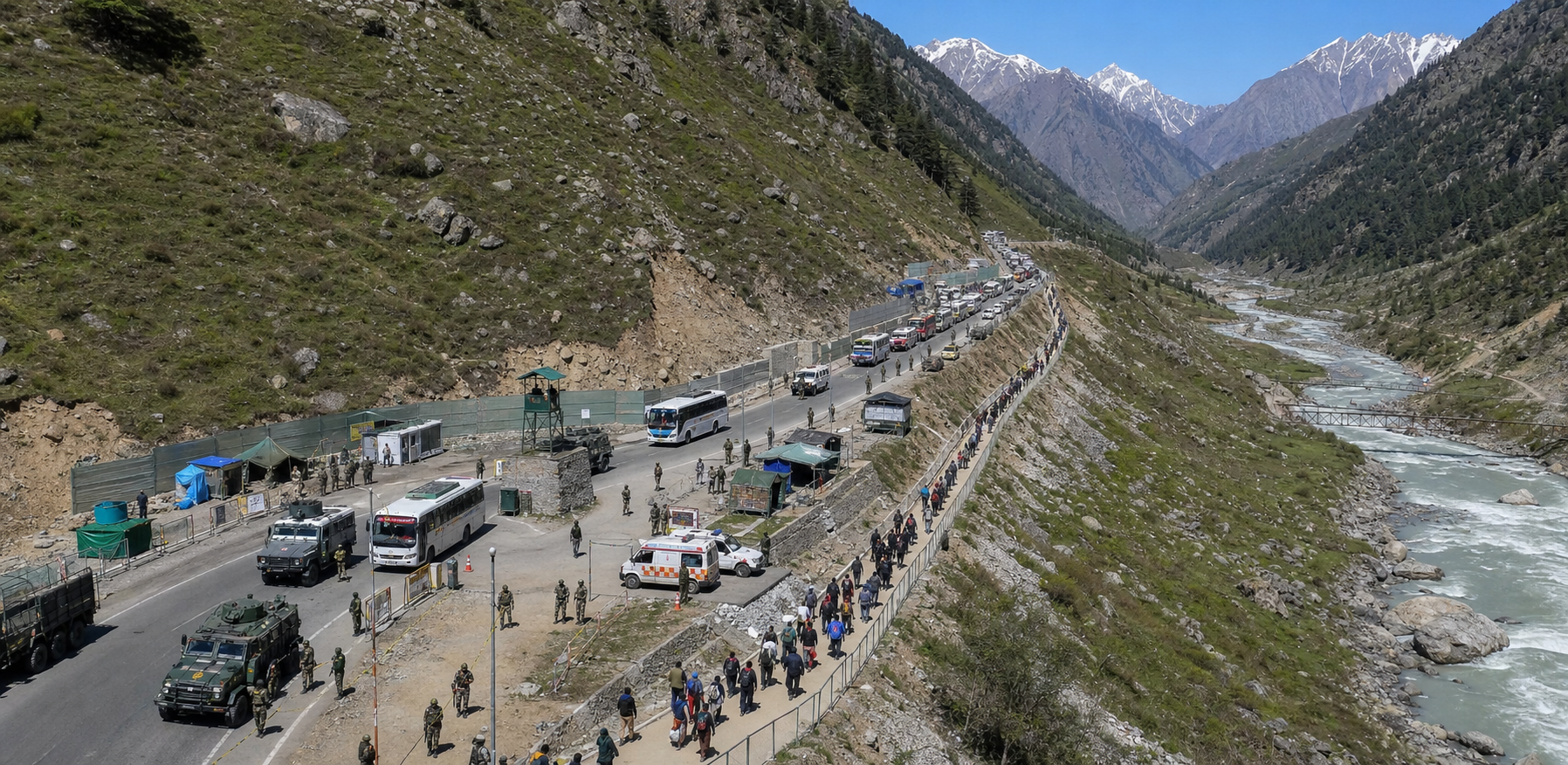 Spaced pilgrim vehicles and walkers move through a Himalayan valley monitored by ground checkpoints, patrols, and emergency teams.