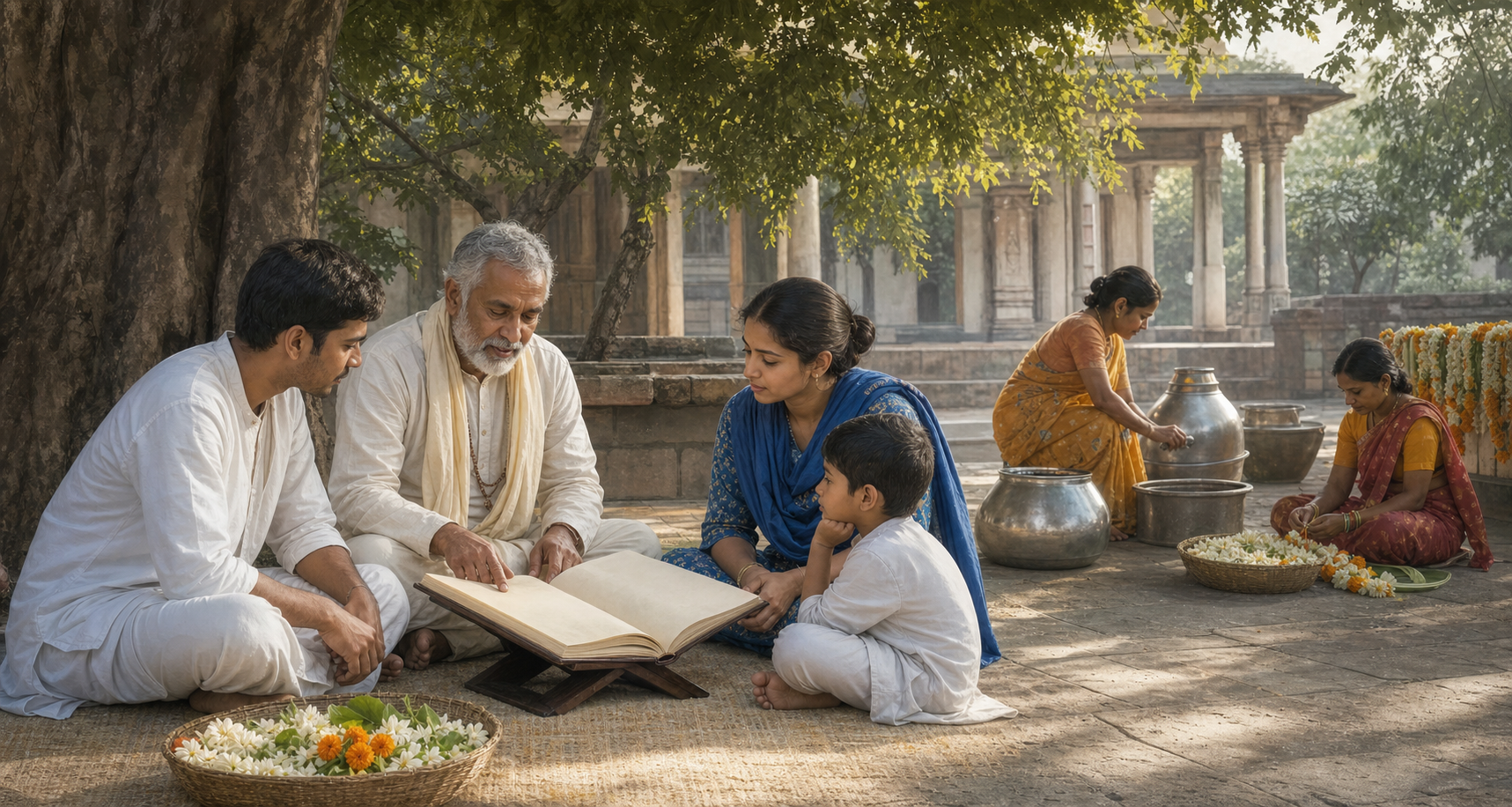 An older devotee studies with younger participants while volunteers clean serving pots and prepare flower garlands nearby.