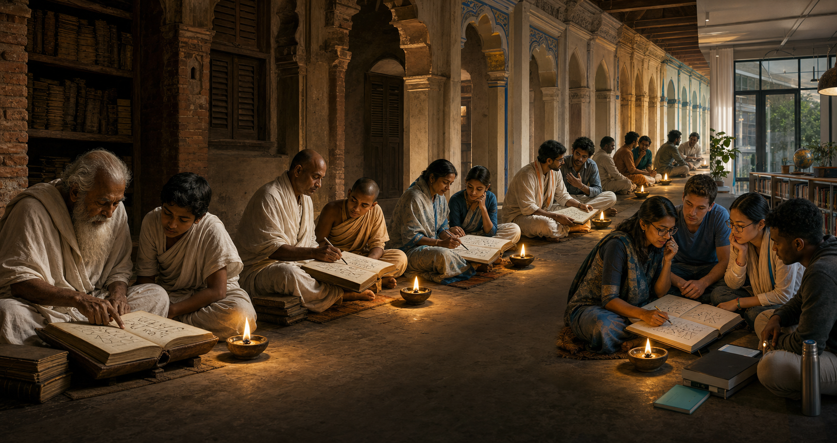 Successive generations of teachers and students study open manuscripts along a temple-library corridor lit by a recurring oil lamp.