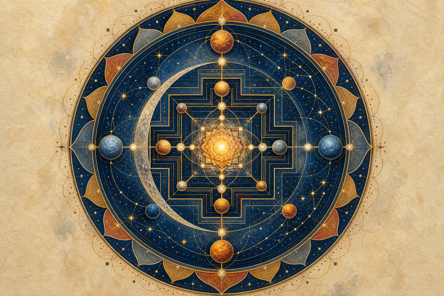 A luminous square-and-circle celestial lattice with planets, stars, and intersecting pathways on a dark indigo background.