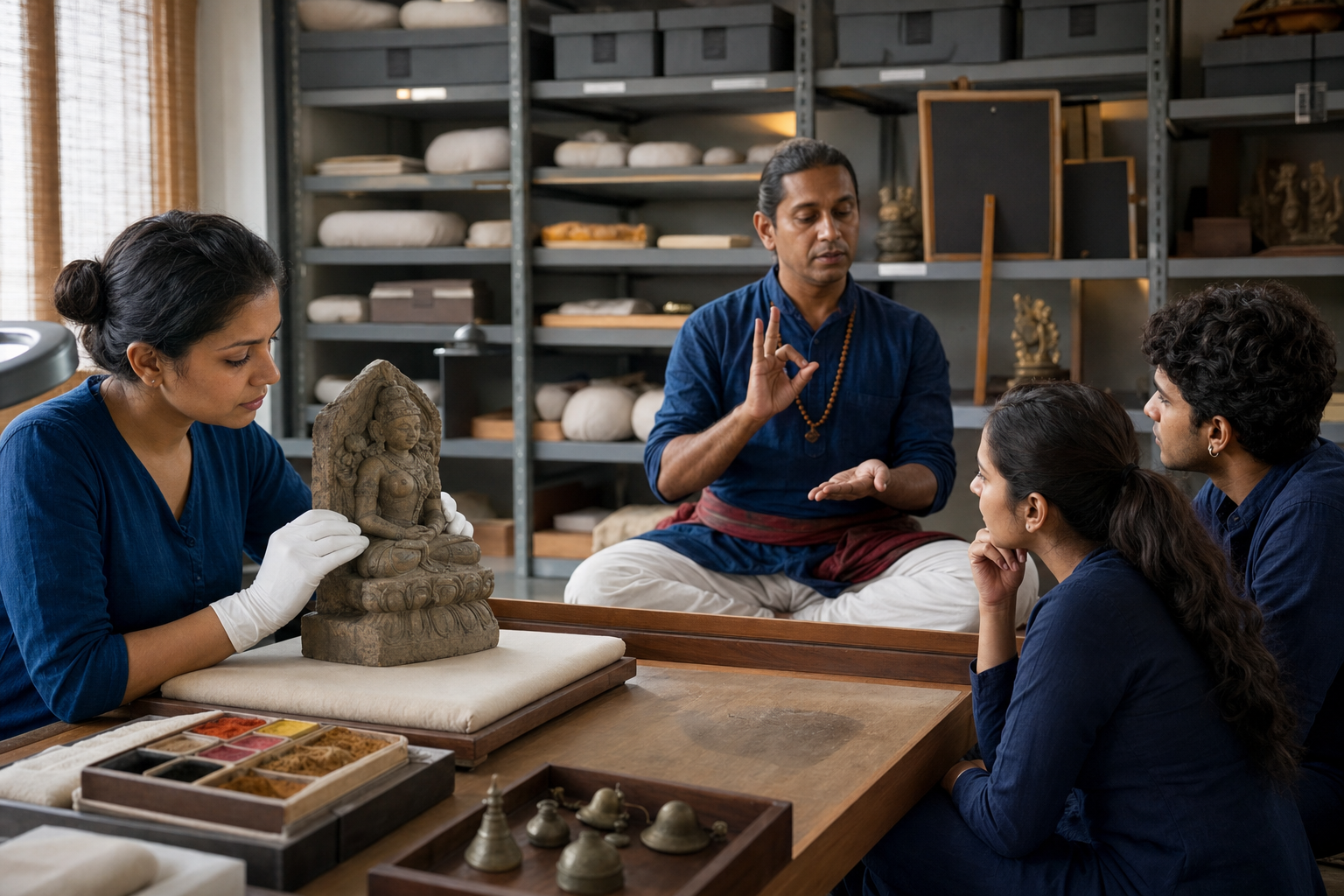 A conservator examines a sacred sculpture while a practitioner teaches its ceremonial context to students in an archive room.