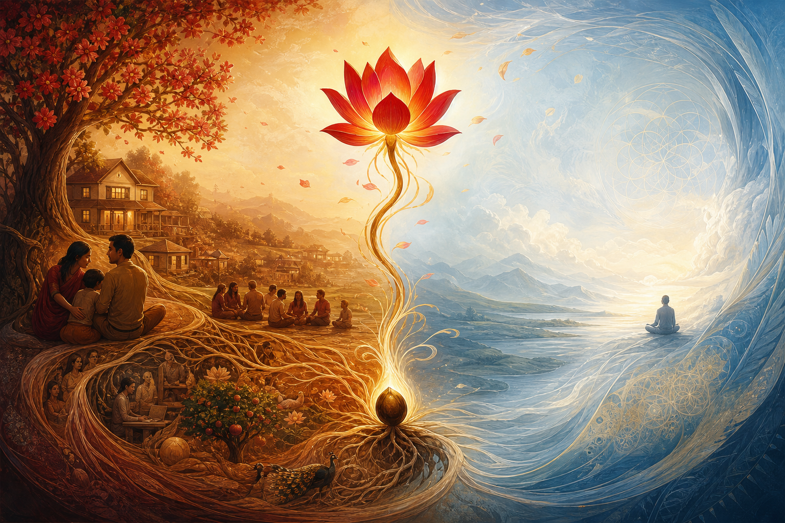 A glowing lotus seed connects scenes of family life and flourishing nature with an open field of blue-white light.
