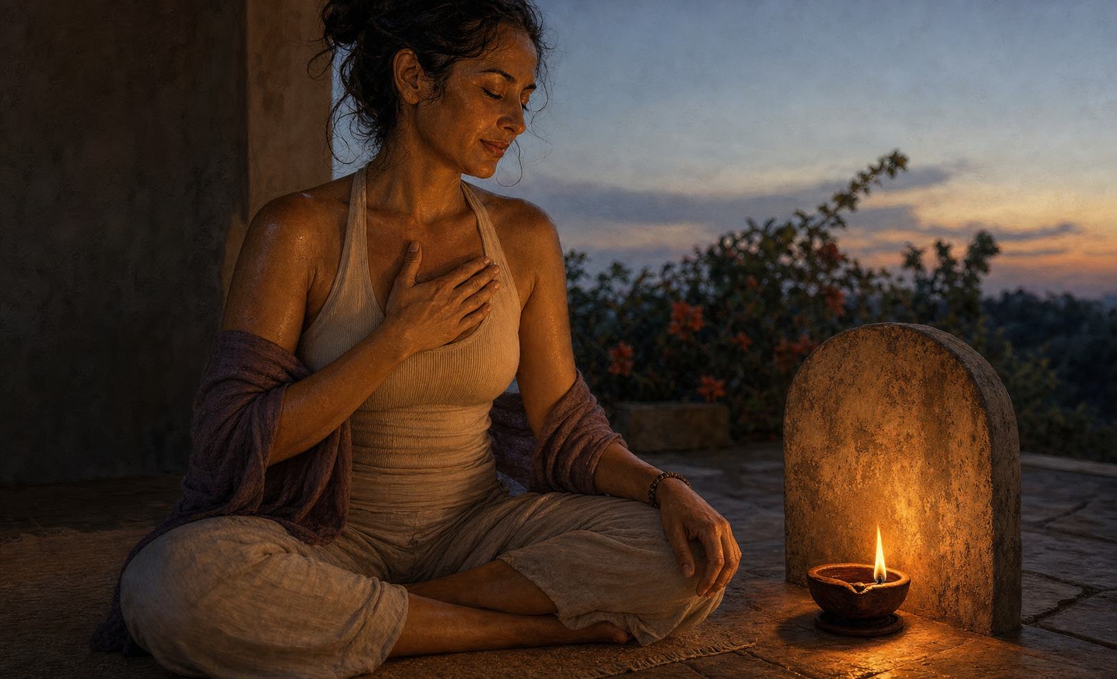 A tired but calm yoga practitioner sits with one hand over the heart beside a sheltered clay lamp.