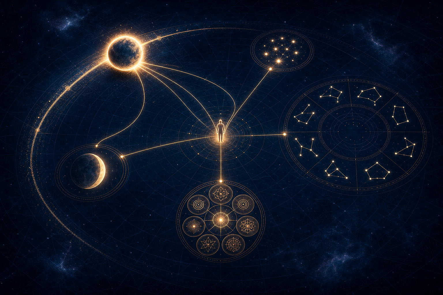 A glowing planet sends multiple lines of light toward celestial, calendrical, and human symbols arranged around a geometric grid.