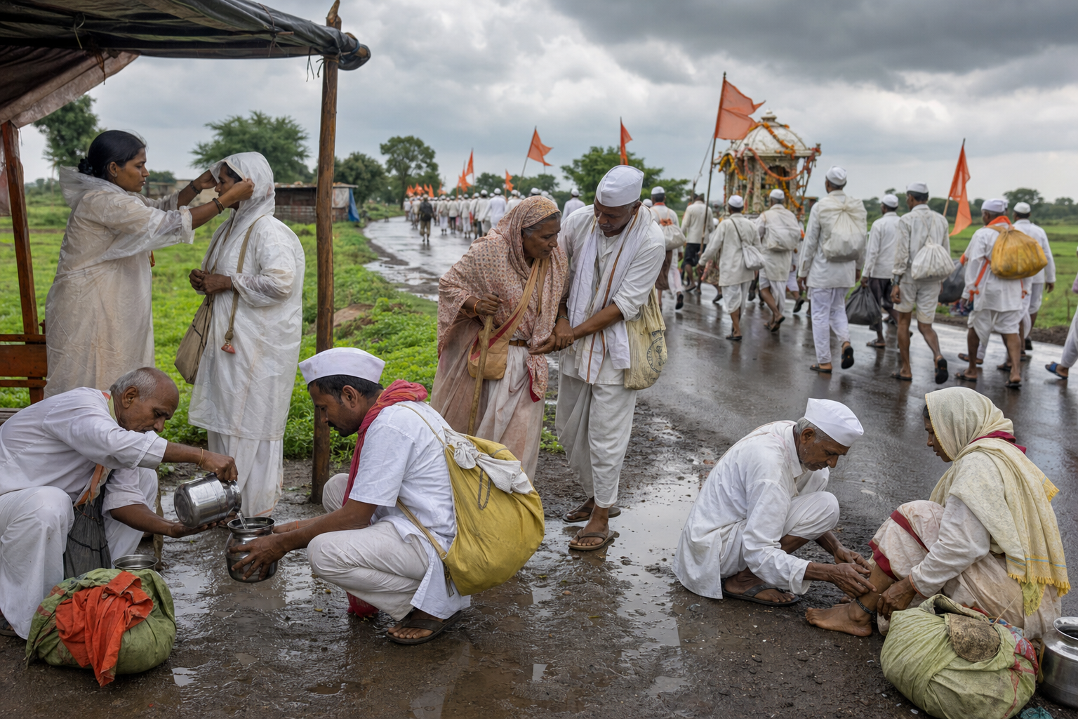 Pilgrims prepare for a rainy day of walking by arranging their bags, filling water vessels and helping an older companion at a roadside rest stop.