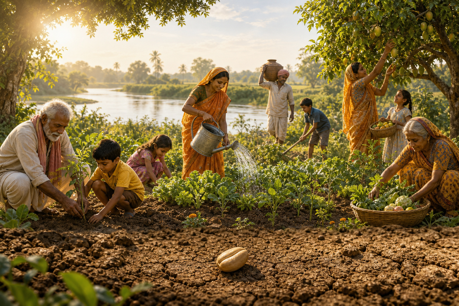 People plant, water, and harvest a riverside garden while an untouched seed lies in dry soil in the foreground.