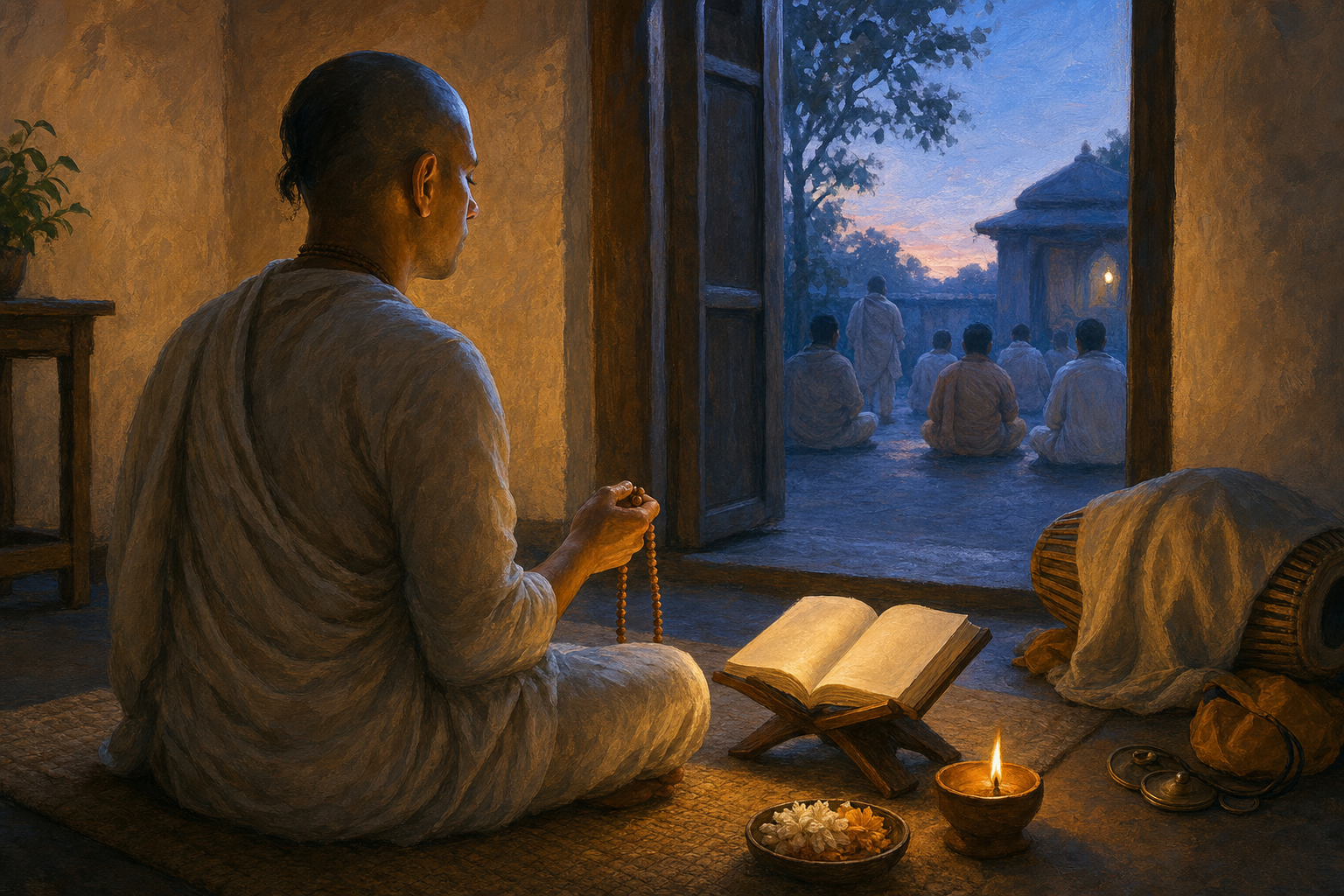 A practitioner chants with wooden prayer beads beside an open book and clay lamp before sunrise as others gather in the courtyard.
