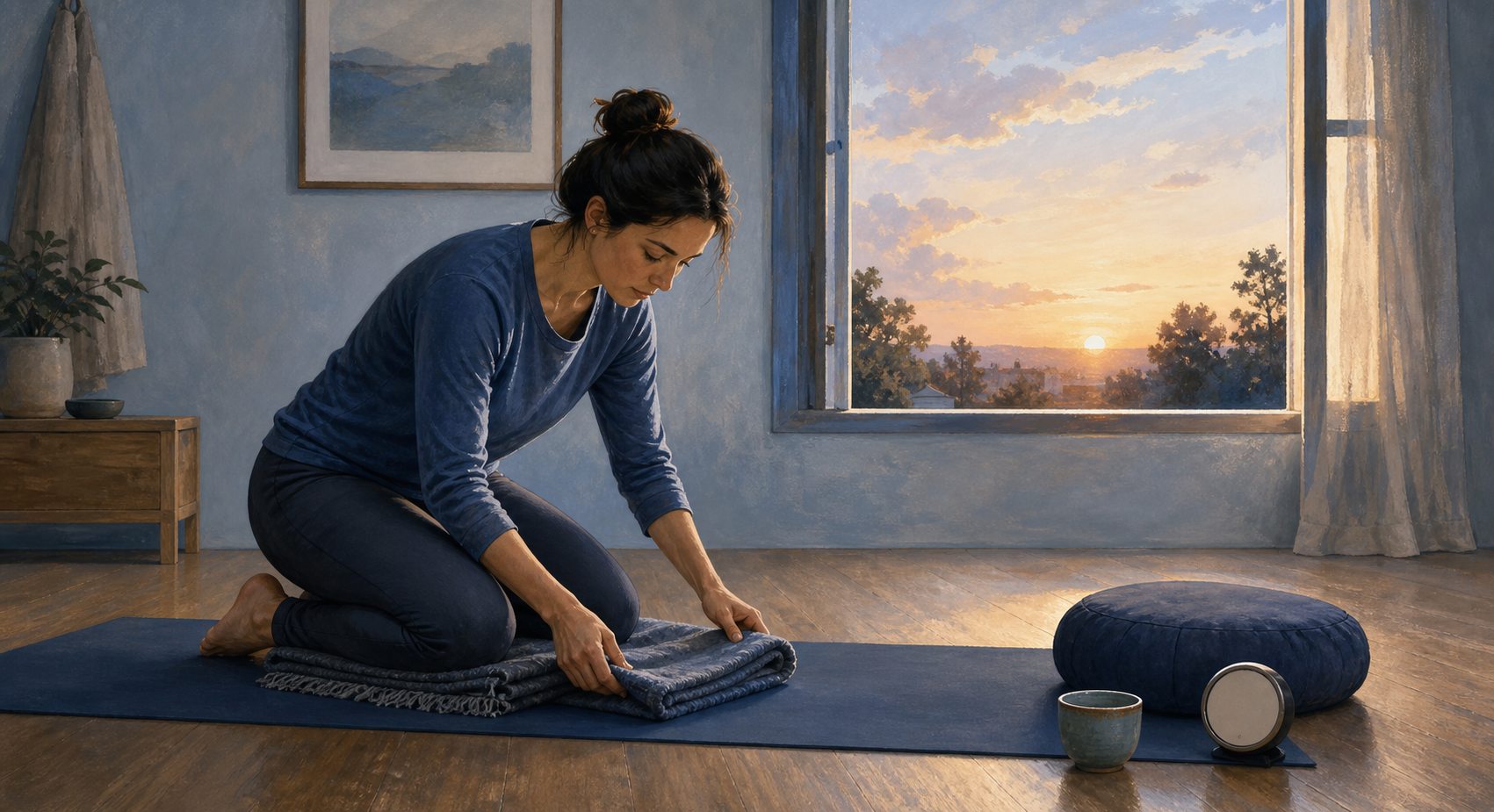 A yoga practitioner adjusts a folded blanket on a mat beside a cushion, water cup, and simple timer in the morning light.