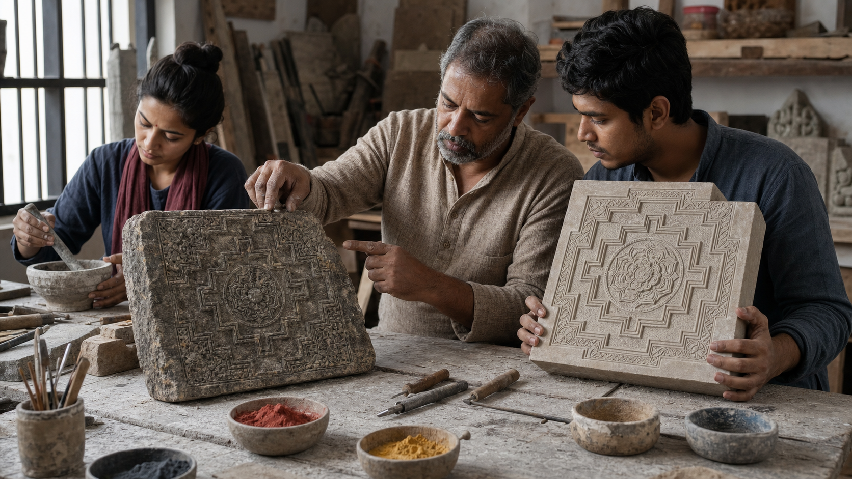 A teacher guides young artisans as they reproduce a complex traditional temple motif using stone carving and mineral pigments.