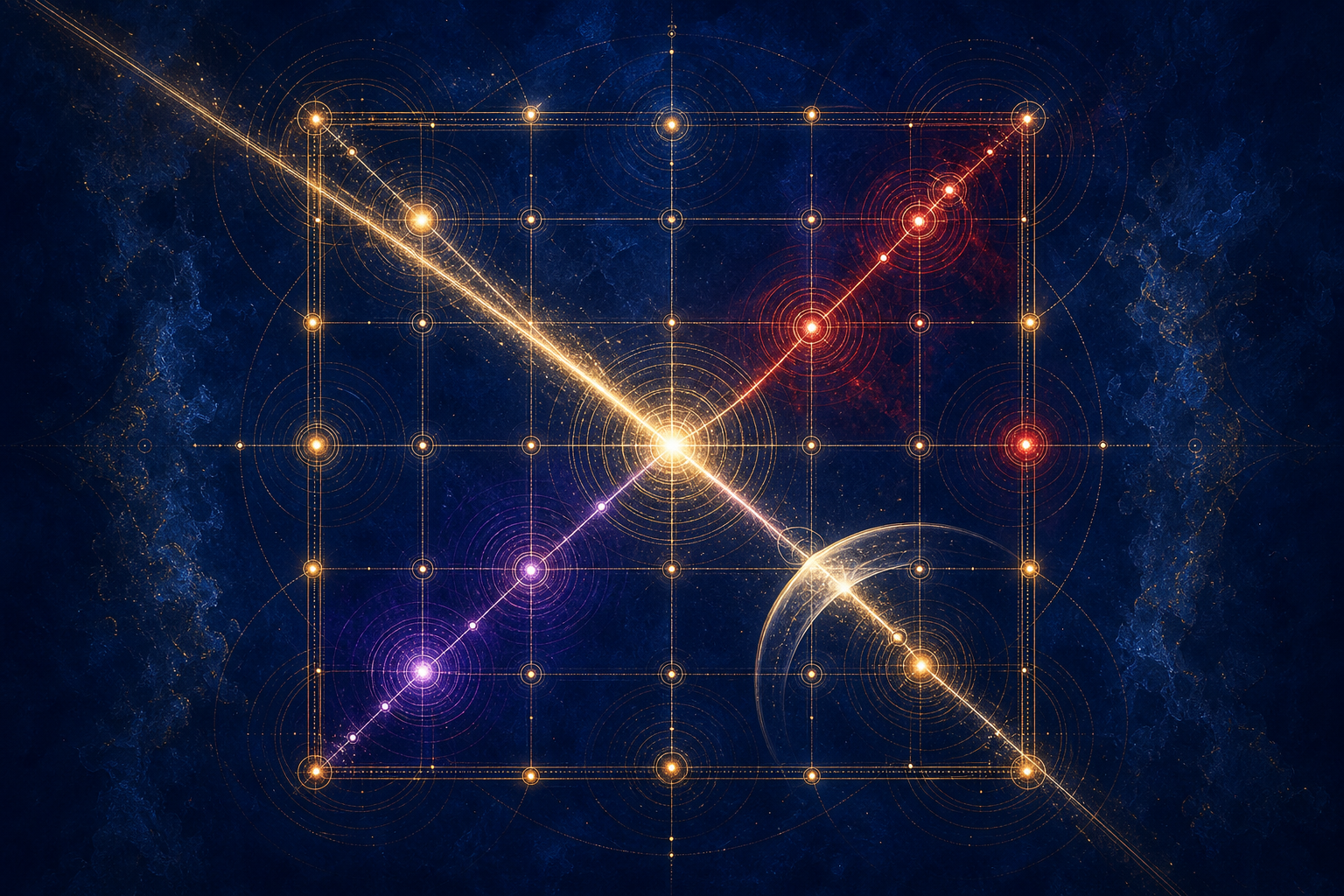 Crossing beams meet at a bright point within a celestial lattice, with nearby nodes glowing in contrasting warm and dark colors.