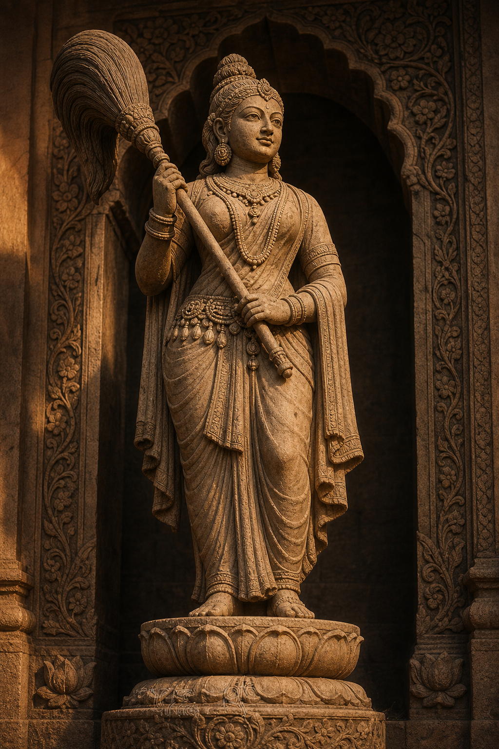 Sandstone-style sculpture of a jeweled female figure holding a ceremonial fly-whisk over one shoulder in a softly lit architectural niche.