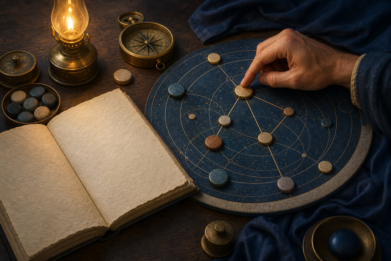 A hand traces connected points on an unlabeled celestial board beside a blank folio, brass compass, stones, and oil lamp.