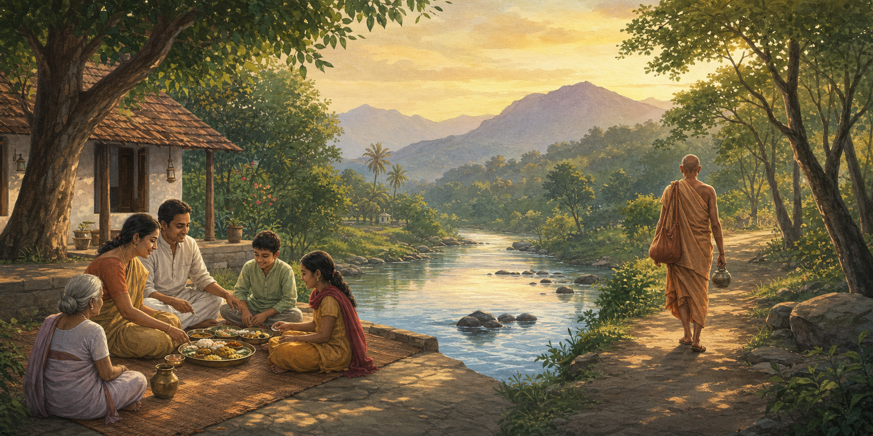 A family shares a meal in a courtyard while a solitary renunciant follows a forest path across the same landscape.