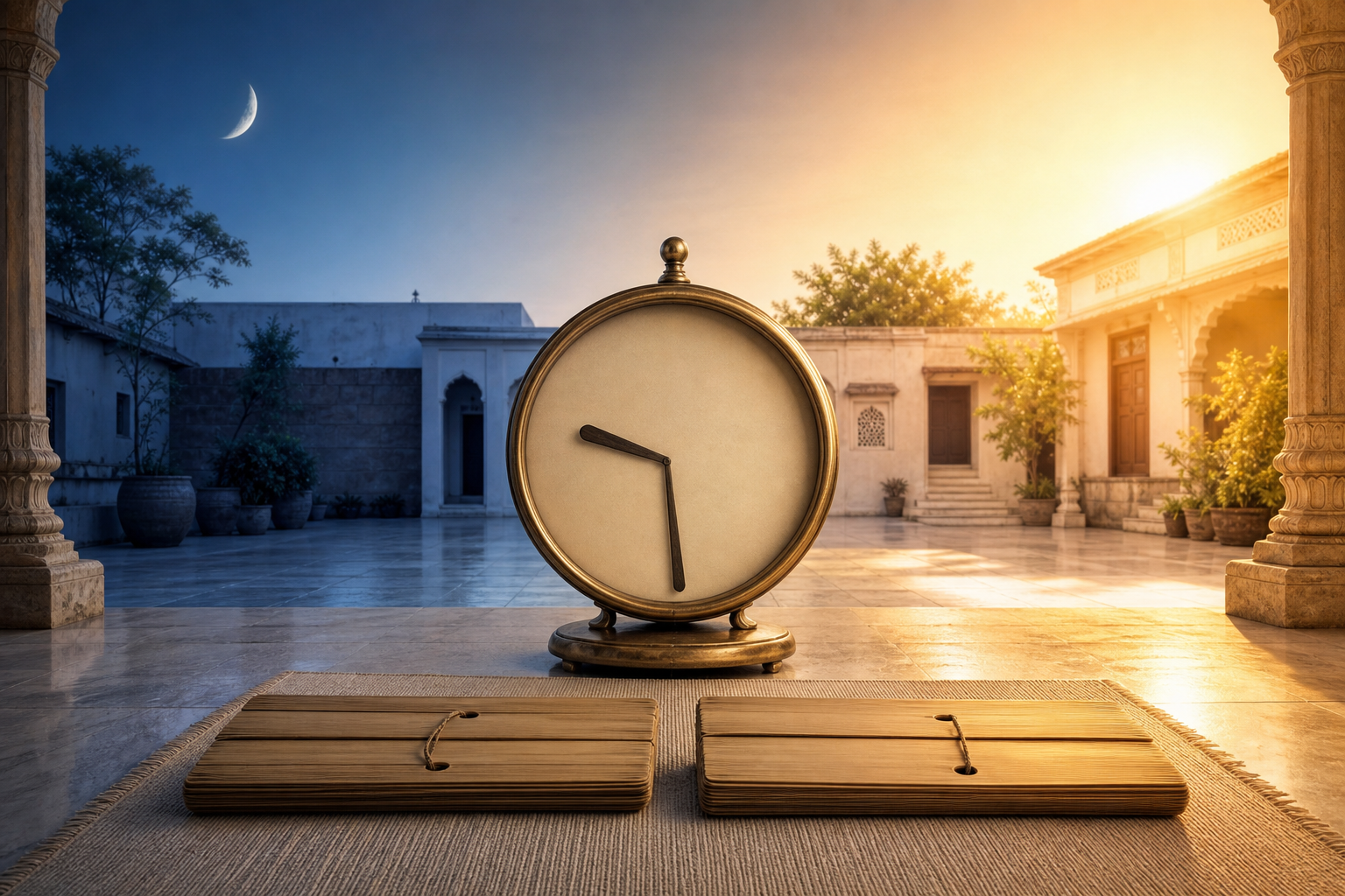 A numeral-free brass clock sits between cool moonlit and warm sunlit halves of an Indian courtyard, beside two unmarked folios.