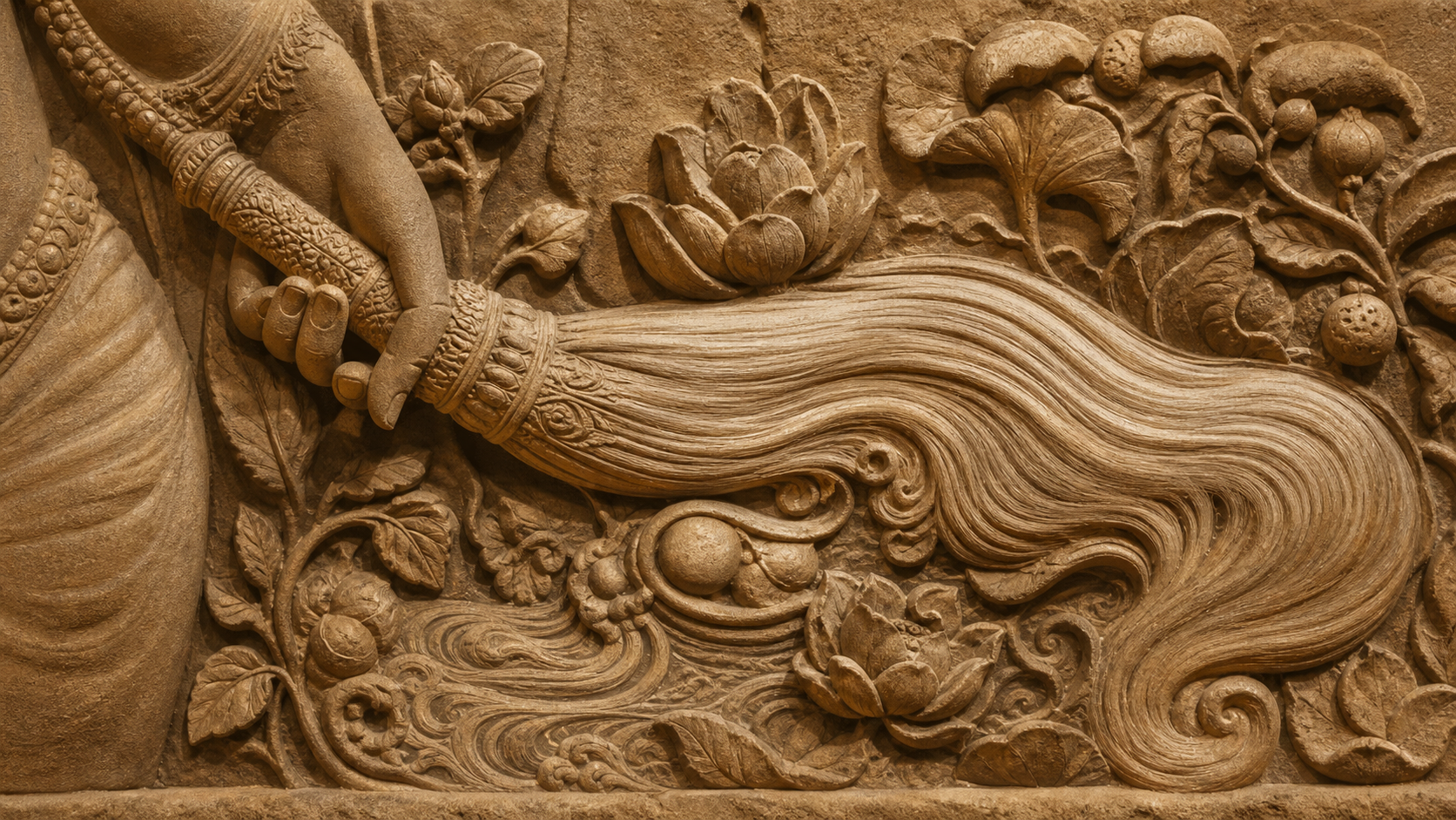 Close view of a carved feminine hand holding a fly-whisk whose curved fibers are surrounded by lotus, leaf, fruit, and water motifs.
