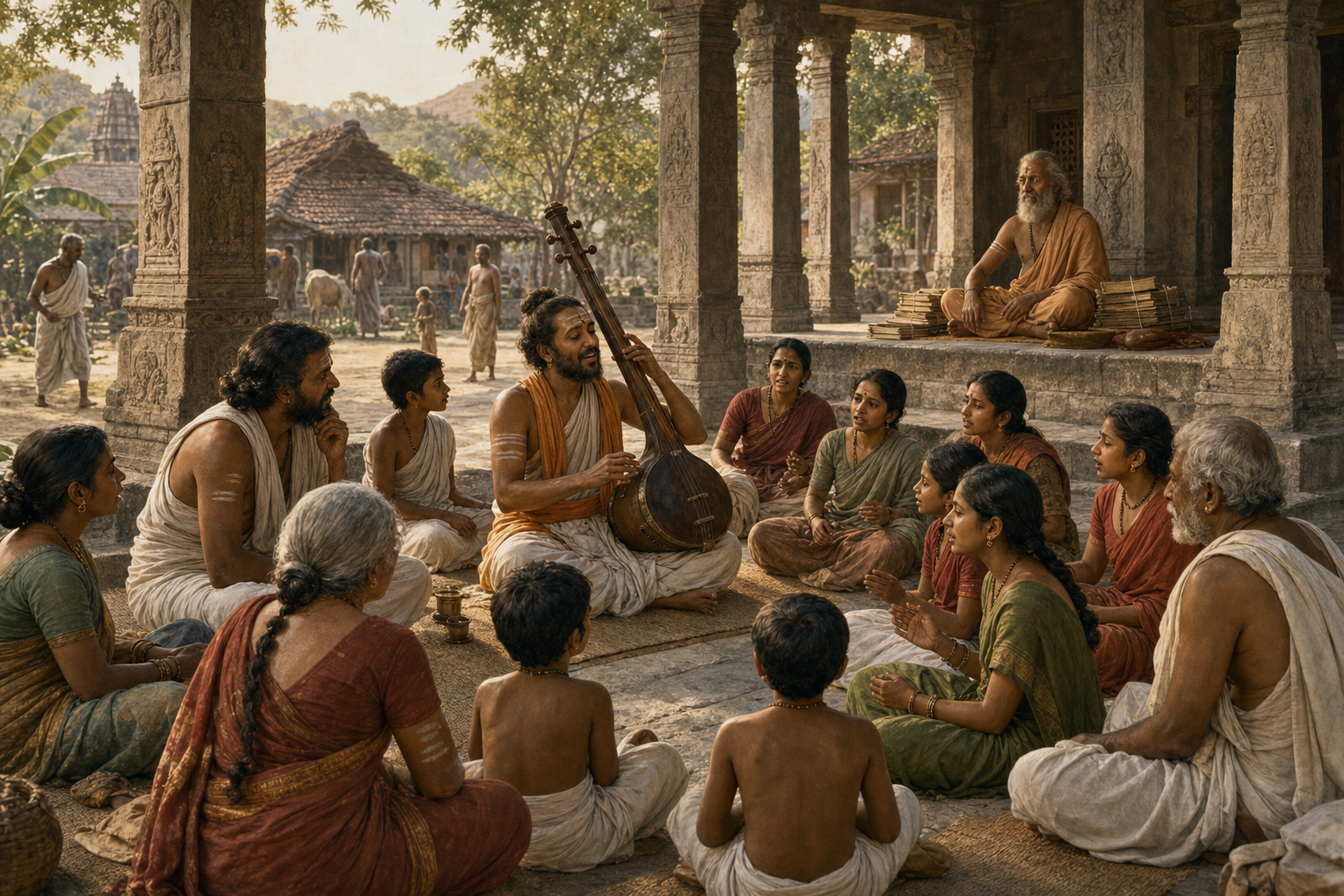 A devotional singer playing a tanpura teaches a mixed group of listeners in a Karnataka temple courtyard while a scholar and palm-leaf manuscripts sit nearby.