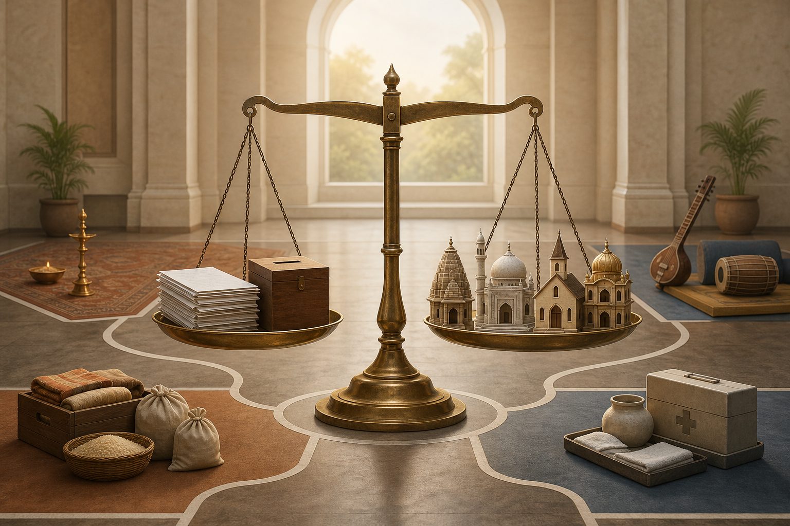 A brass balance scale holds plain funding documents opposite models of a temple, mosque, church and gurdwara in a formal interior.