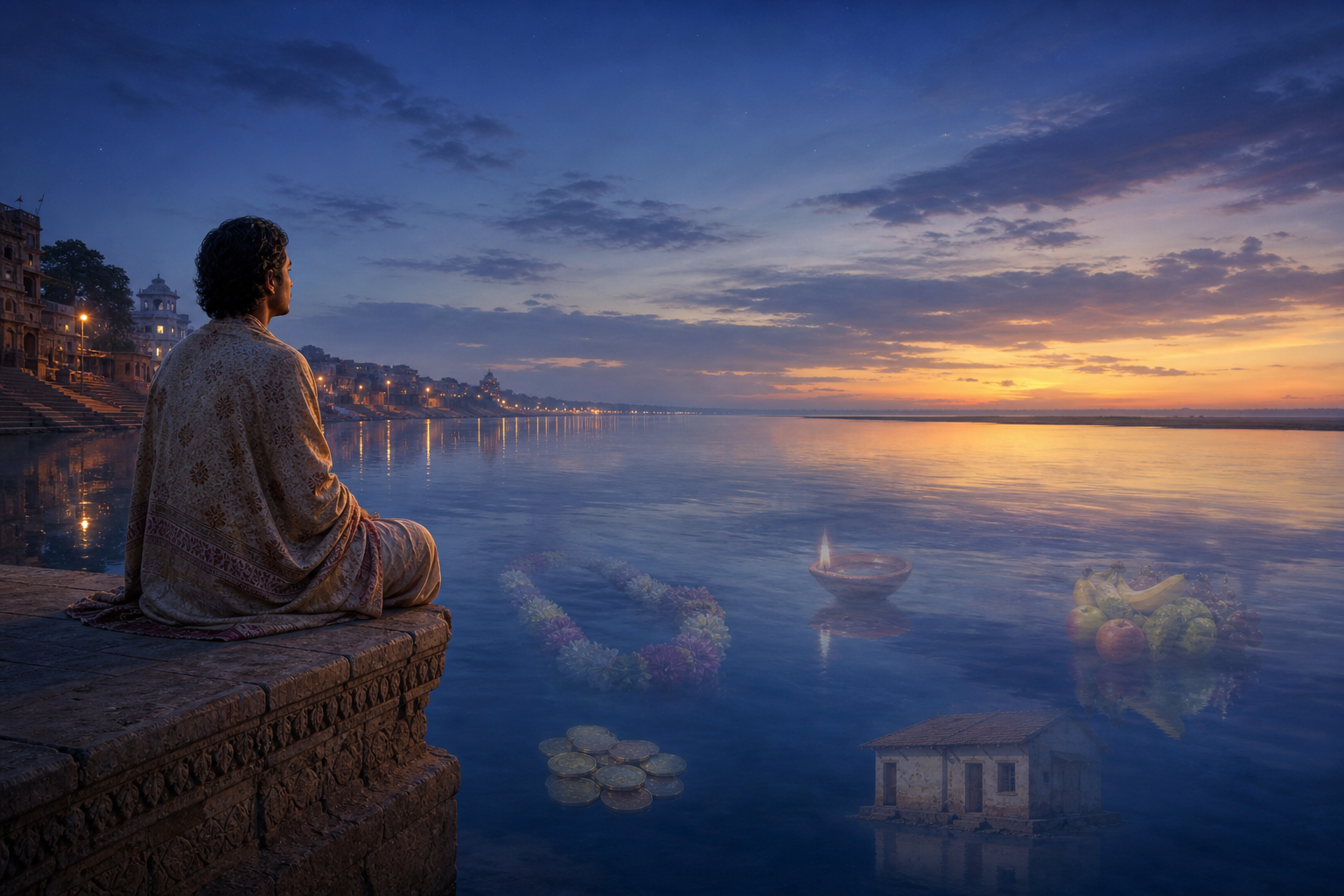 A meditating figure overlooks a river as translucent images of everyday possessions float nearby like reflections.