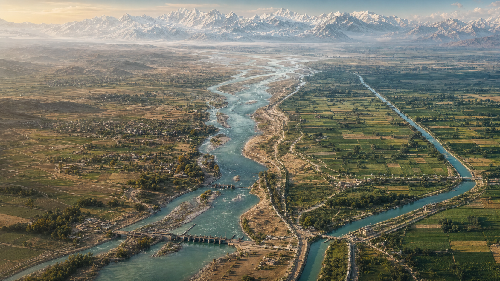 An aerial illustration of the Indus River and its irrigation network flowing across a politically divided agricultural landscape.