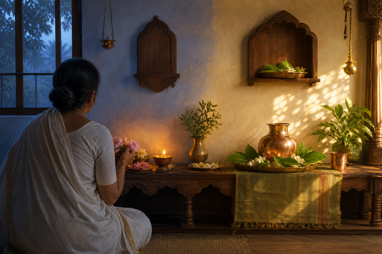 A worshipper offers flowers at a home shrine in early light, while the brighter side of the scene shows a copper vessel and fresh leaves prepared for later worship.
