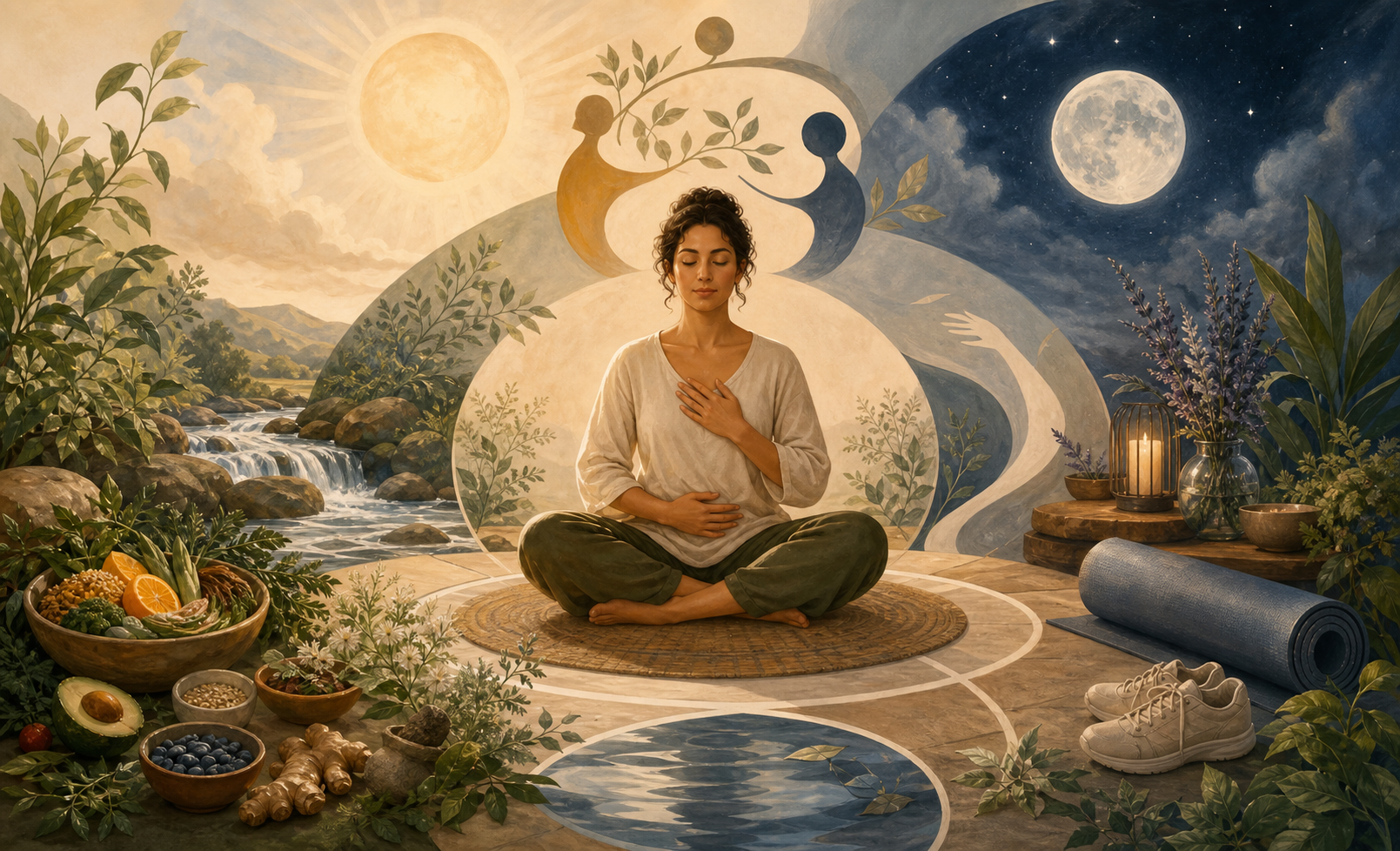 A seated person surrounded by food, herbs, water, daylight, moonlight, movement, and human connection in a balanced circular composition.