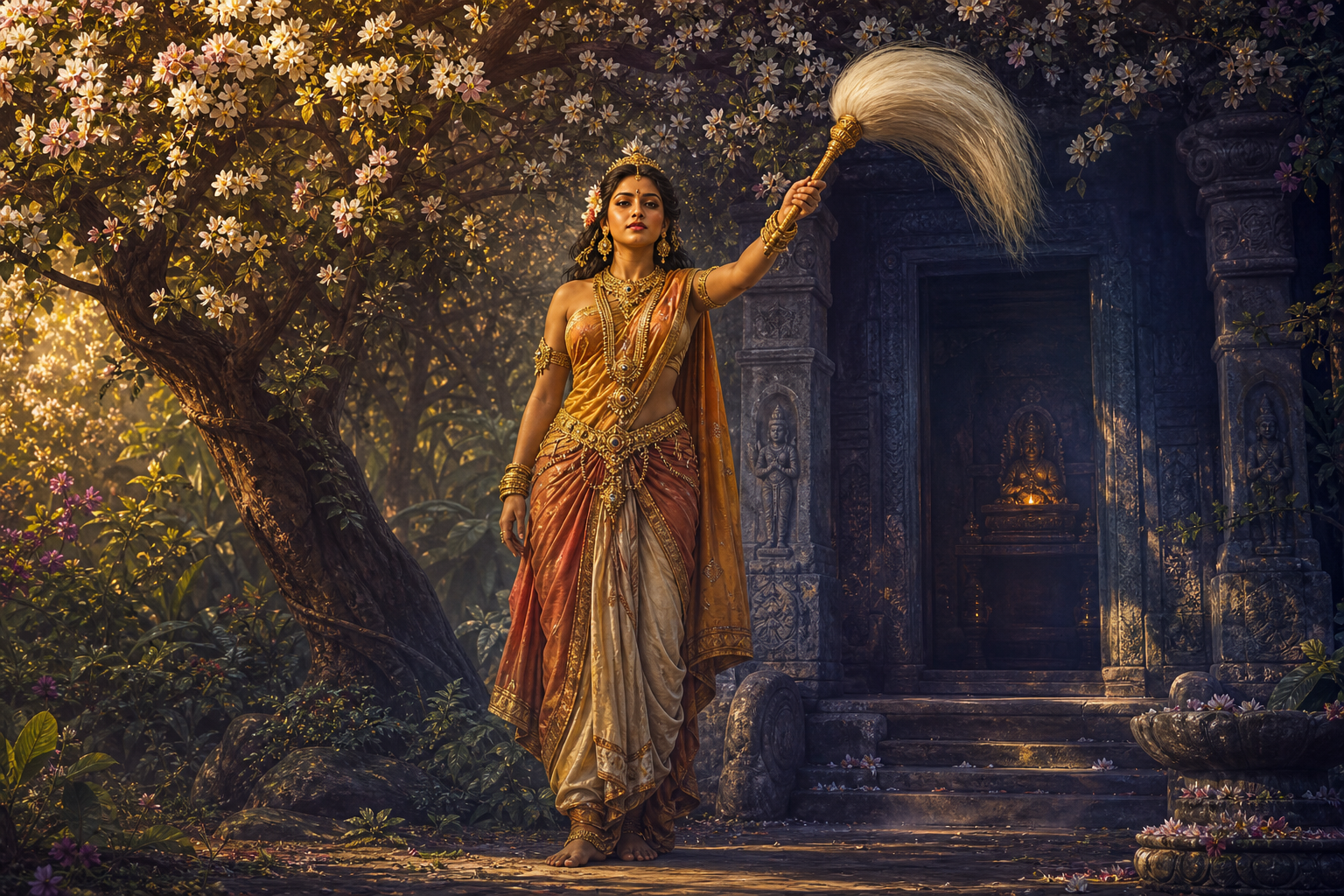 Jeweled female nature figure holding a fly-whisk beside a flowering tree at the entrance to a small sacred sanctuary.