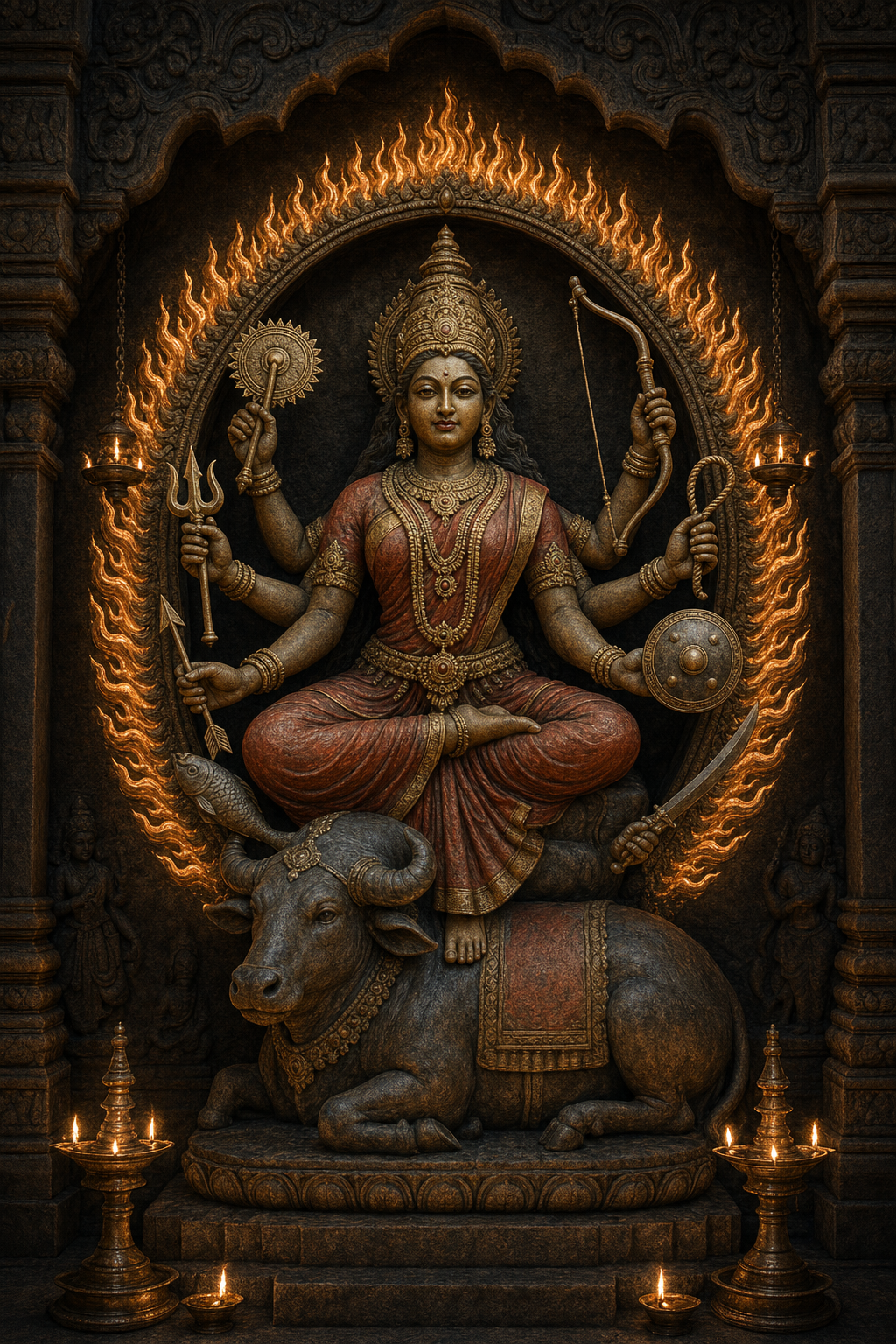 Illustration of the eight-armed Jwalamalini Devi seated above a buffalo and surrounded by a radiant garland of flames in a Jain temple niche.