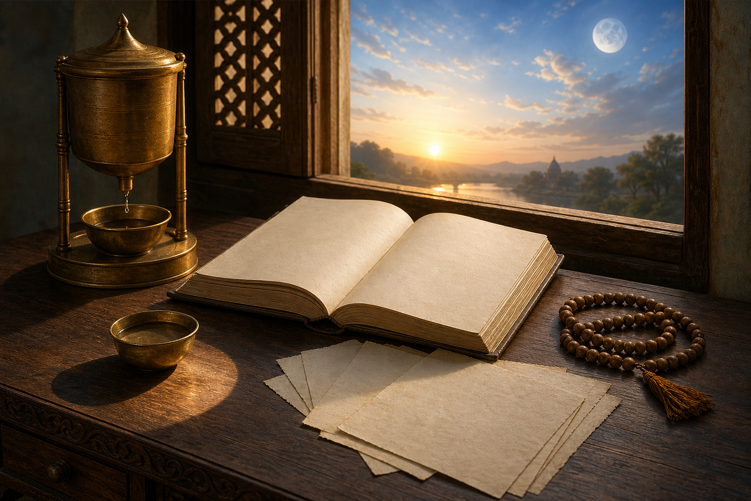 An open blank almanac, brass water clock, shadow-casting bowl, prayer beads, and unmarked leaves rest on a wooden desk beneath a sky containing the low sun and moon.