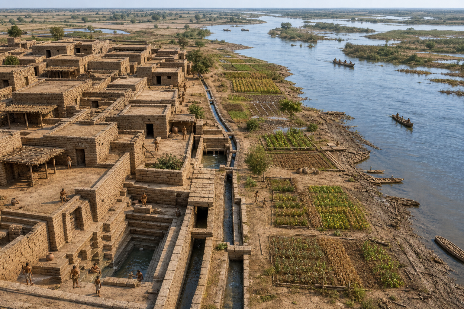 A reconstructed ancient Indus basin settlement with brick buildings, drains, wells, fields, and boats beside a broad river.