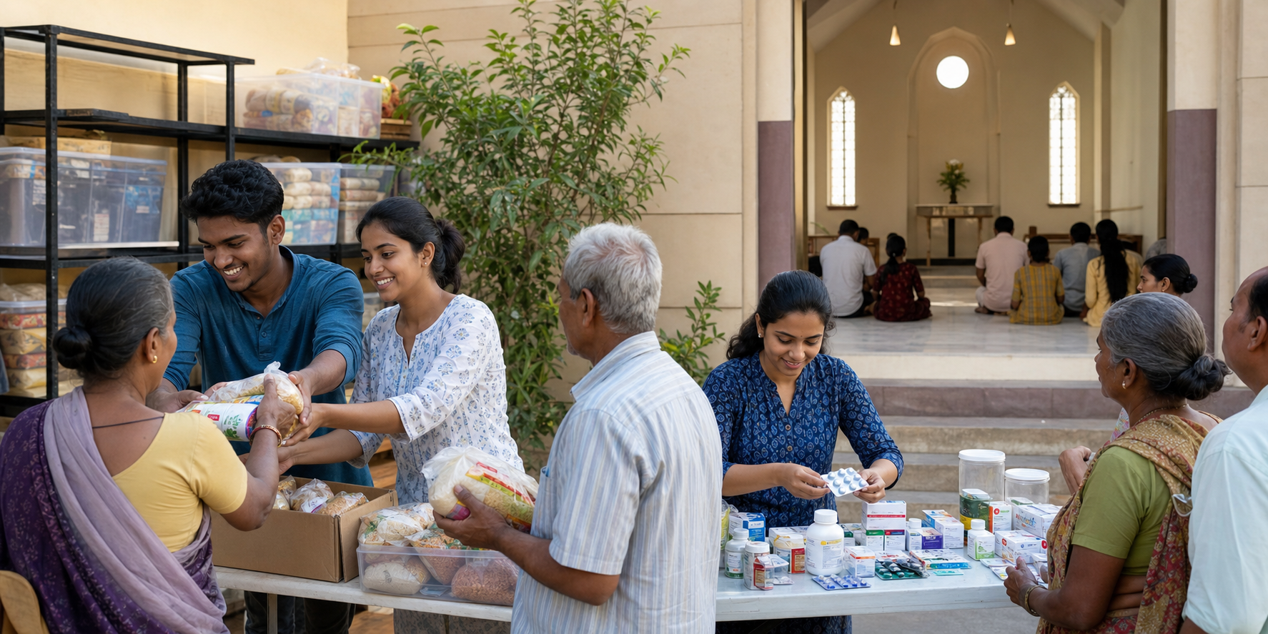 Volunteers distribute food parcels and medical supplies in a community courtyard beside a separate prayer hall.