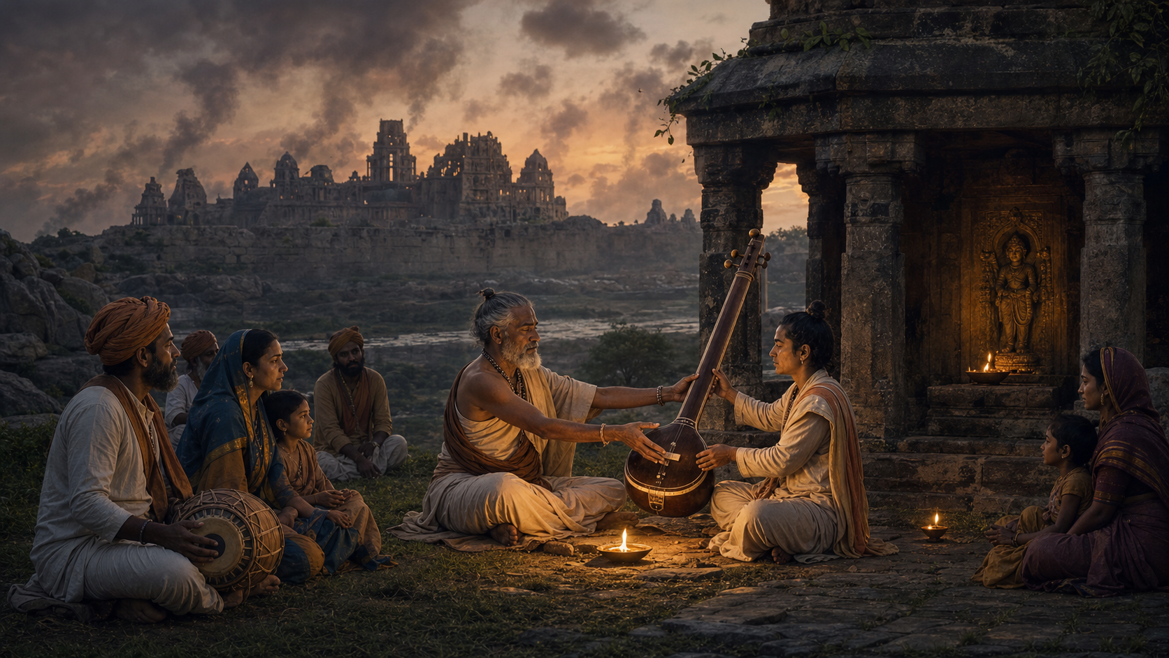 An elder devotional singer passes a tanpura to a younger disciple near a village shrine, with damaged royal buildings visible in the distance.