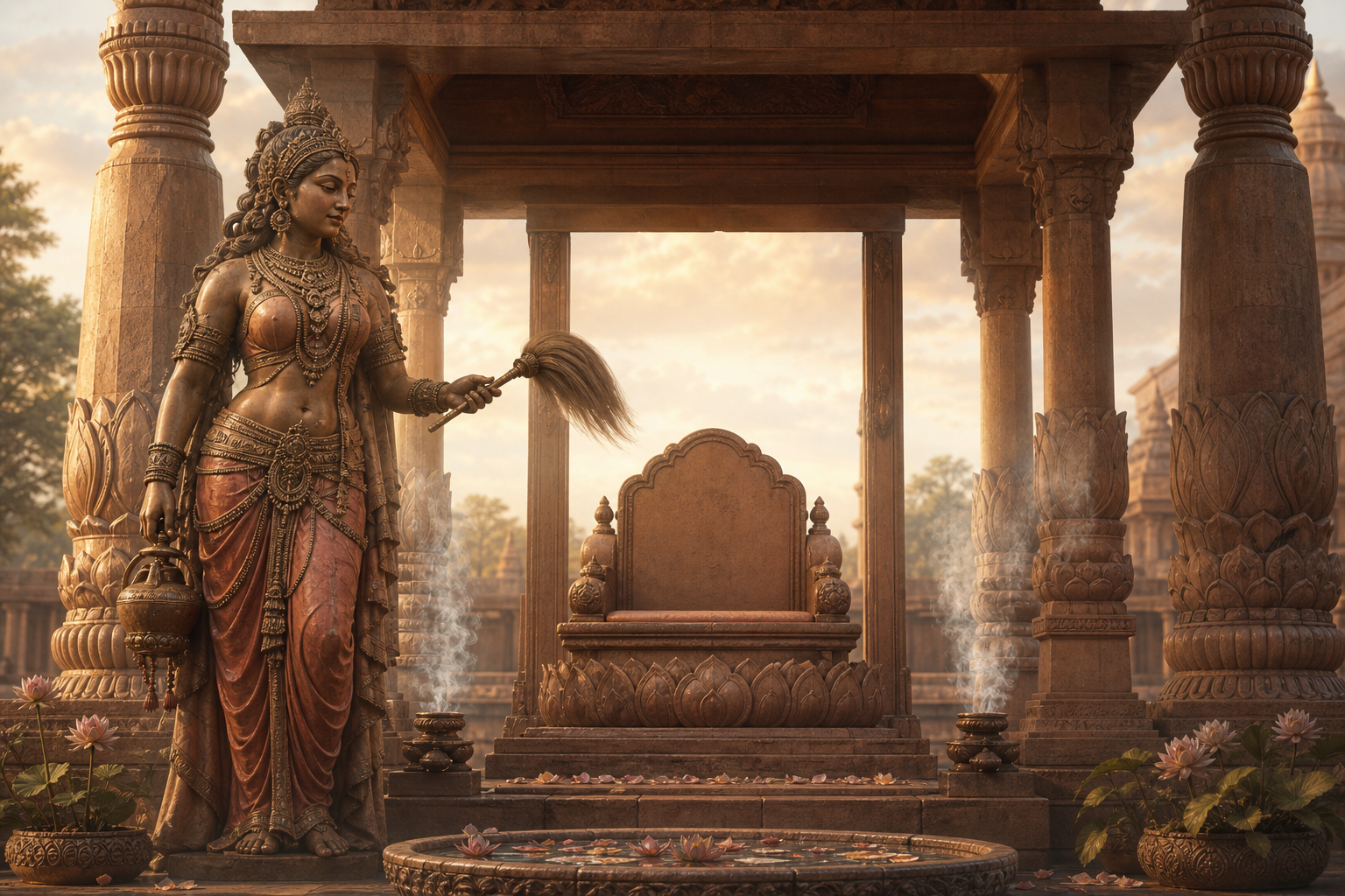 Cauri-bearing female figure standing authoritatively beside an empty raised sacred seat under a stone canopy.