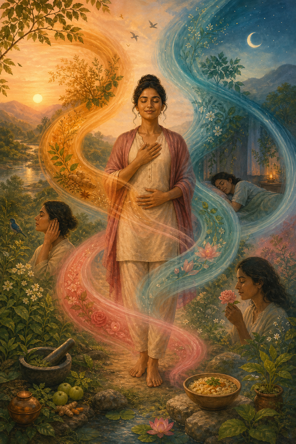 A standing person is encircled by three interwoven colored currents, with plants, food, restful sleep, breathing, and sensory details arranged around them.